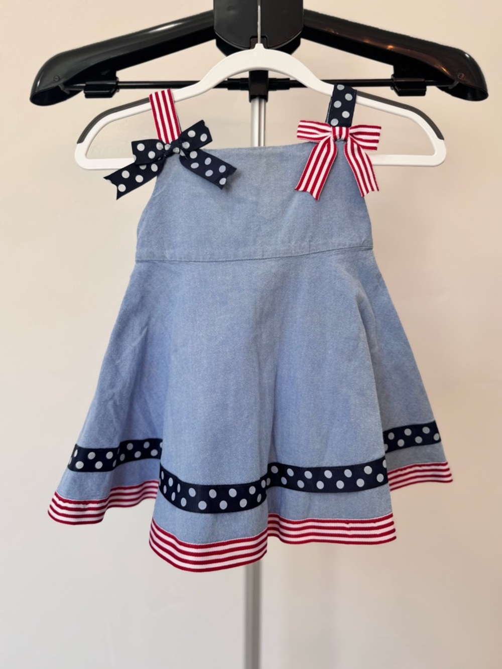 Bonnie Baby Chambray Dress Patriotic Ribbon Bow Sleeveless Dress, Size 12 Month